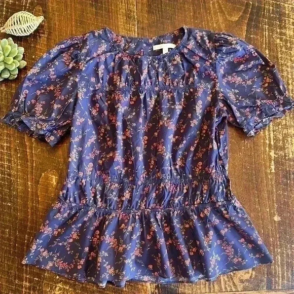 Antonio Melani | Navy, Red & Peach Floral Short Puff Sleeve Blouse - Picture 1 of 6